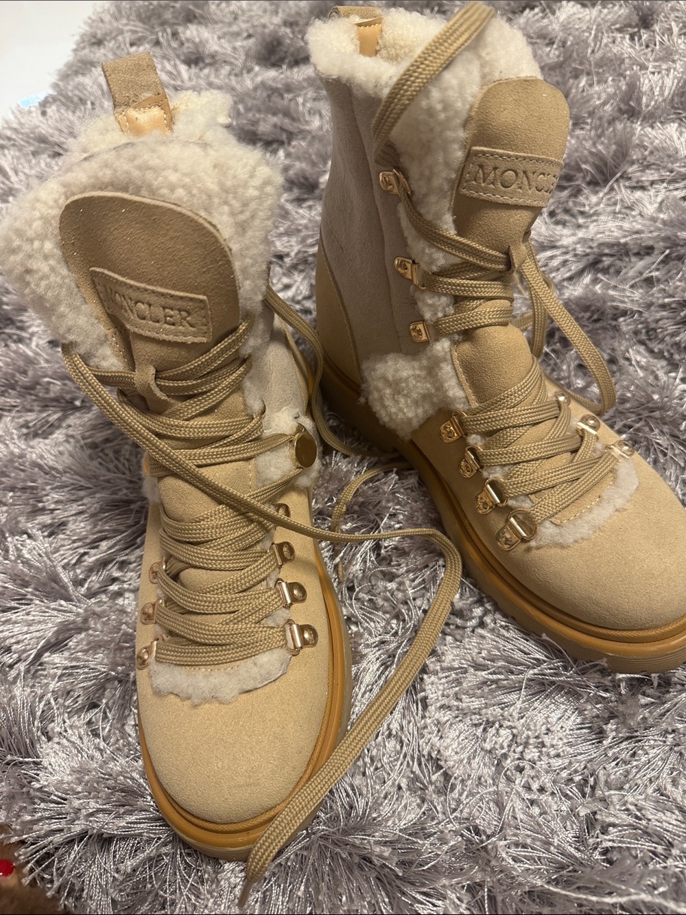 Moncler Beige Suede Shearling Lace-Up Winter Boots 38
